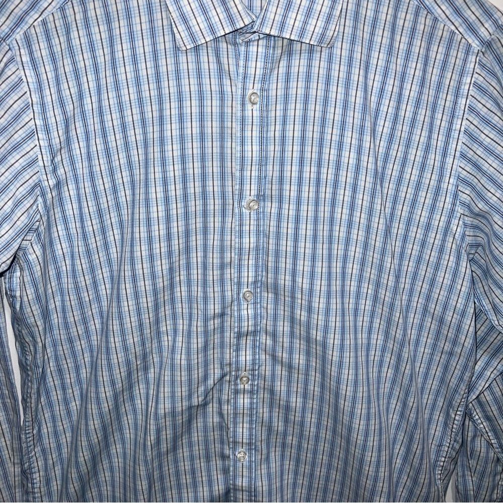 Nicole Miller Striped/Plaid Dress Shirt 15 1/2 x 32/33 Lt. Blue/White Modern Fit - Picture 3 of 6